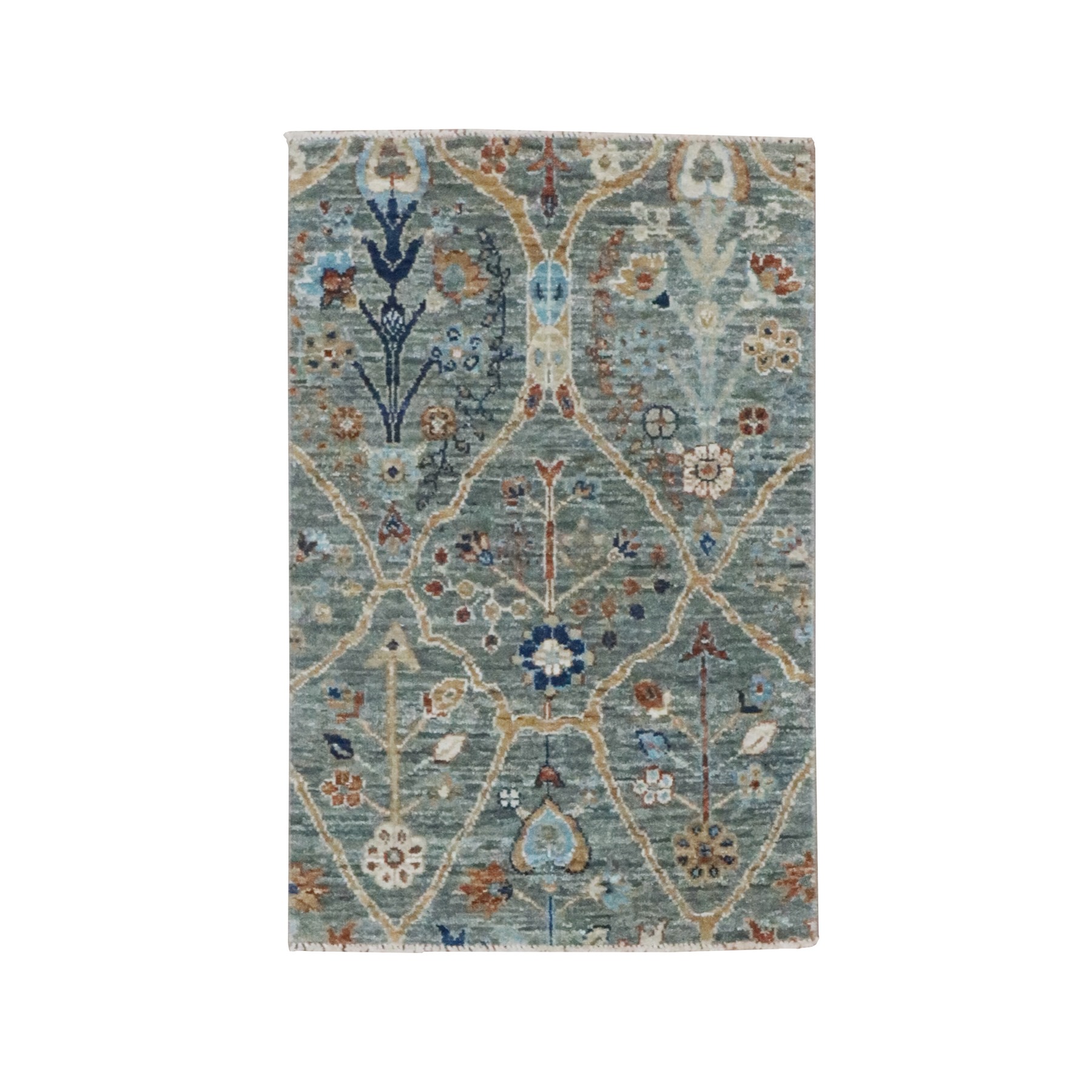 2'x3' Sage Green, Trellis Borderless Garden Design, Agra, Hand Knotted, Hand Spun New Zealand Wool,
Mat, Sample, Oriental Rug 